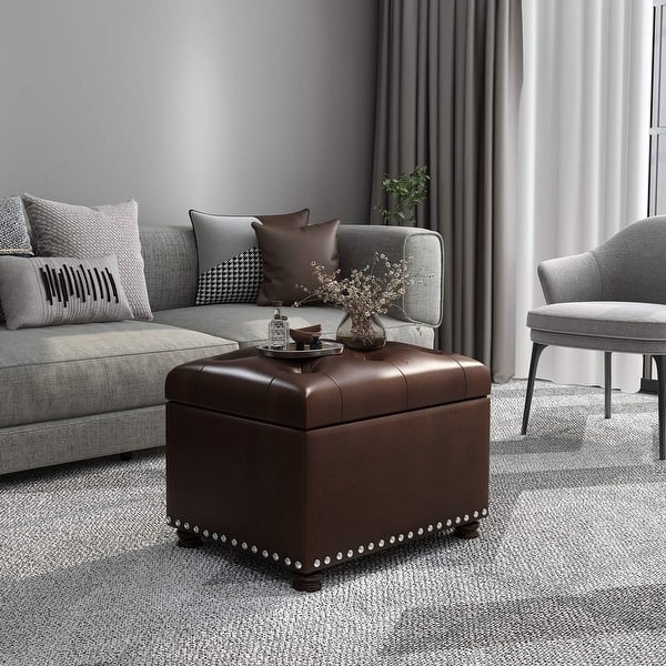 slide 2 of 13, Adeco Tufted Bottom Bonded Leahter Brown Rectangle Storage Ottoman Espresso