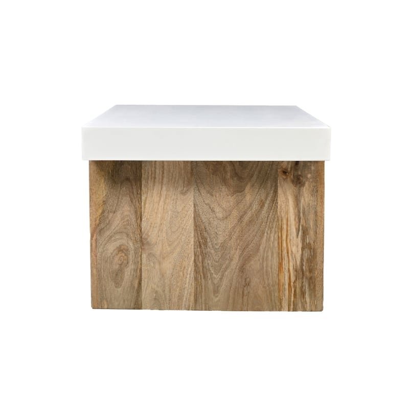 38 Inch Mango Wood Coffee Table, Rectangular, Sled Base, Glossy White, Natural Brown - 20"L x 38"W x 16"H