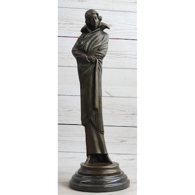 Art Deco Young Woman With Long Jacket Bronze Sculpture Marble Base Figurine 16 Inches X 5 Inches