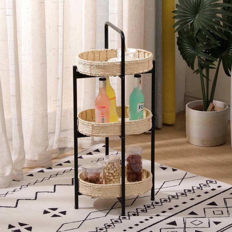 Small Handwoven Side Tables 3-Tier - Natural