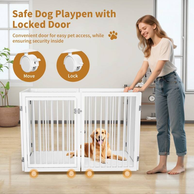 DoCred 133.6" Extra Wide Wooden Dog Gate with Wheels and Door, 6-Panel