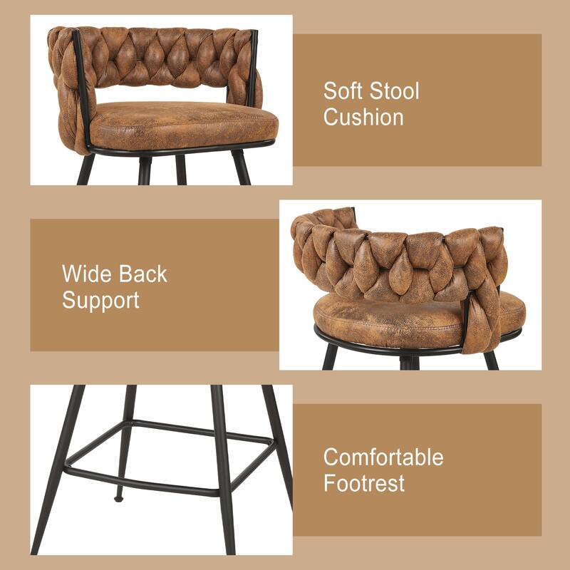 VECELO Counter Height Bar Stools with Woven Backrest 26.77" Seat Height Mid-Century Modern Upholstered Bar Chairs for Kitchen