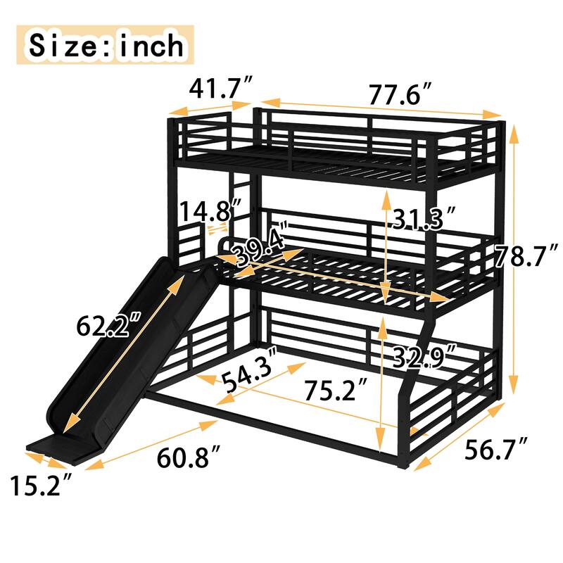 Twin/Twin/Full Triple Bunk Bed with Slide - Metal Frame, Safety Guardrails, Noise-Reduced (Black)