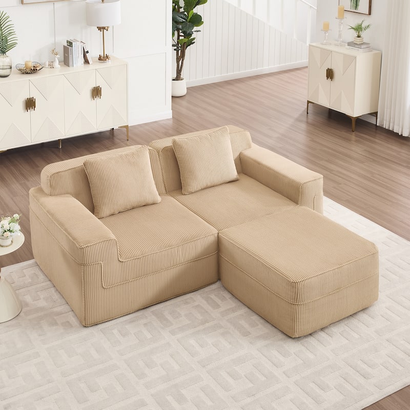 GDFStudio - Corduroy Modular 2-Seater 81.1" L-Shaped Cloud Sectional Loveseat Sofa with Ottoman - Camel