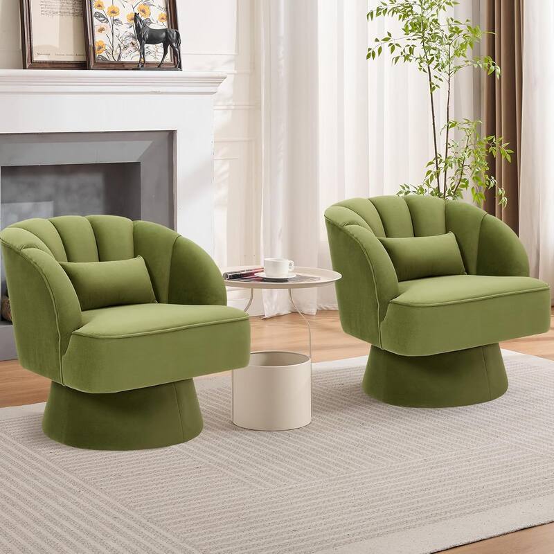 Modern Swivel Barrel Accent Chair, 360° Upholstered Armchair with Striped Backrest & Plush Padding(Set of 2) - Green Velvet