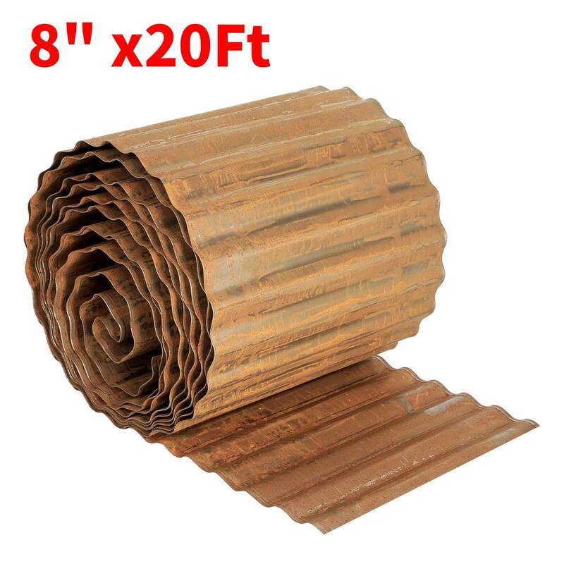 8" x20Ft Garden Galvanized Steel Landscape Fence, Corrugated Metal Garden Edging - Brown