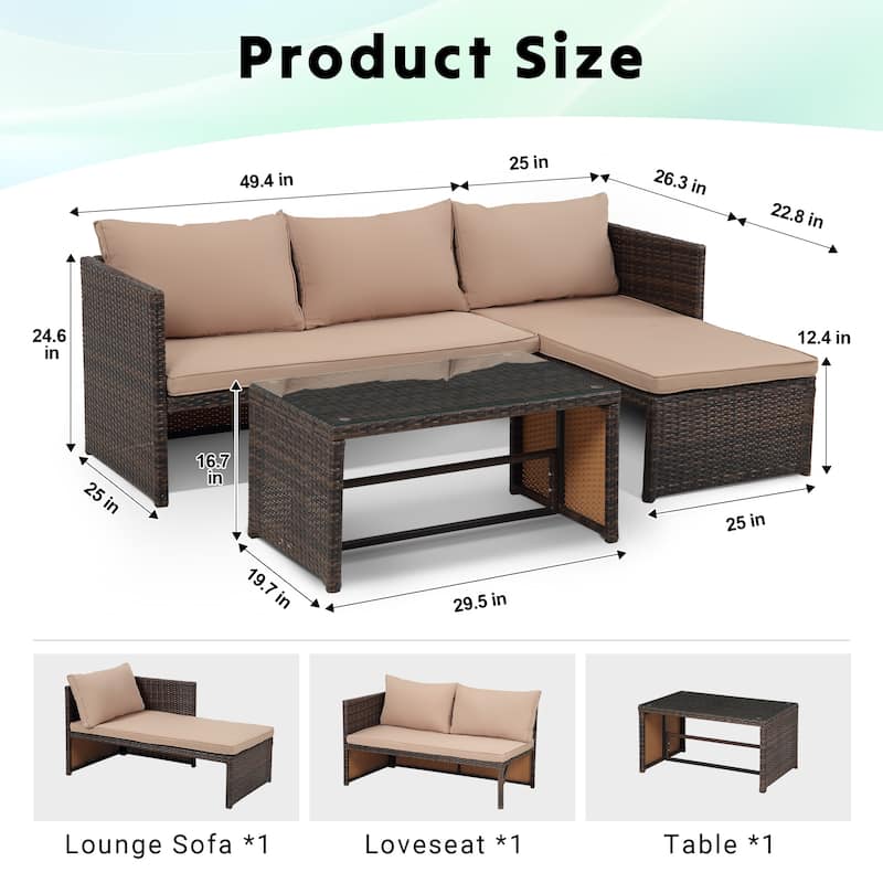 3-Piece Outdoor PE Rattan Furniture Set Patio Wicker Conversation Loveseat Sofa Sectional Couch Cushion