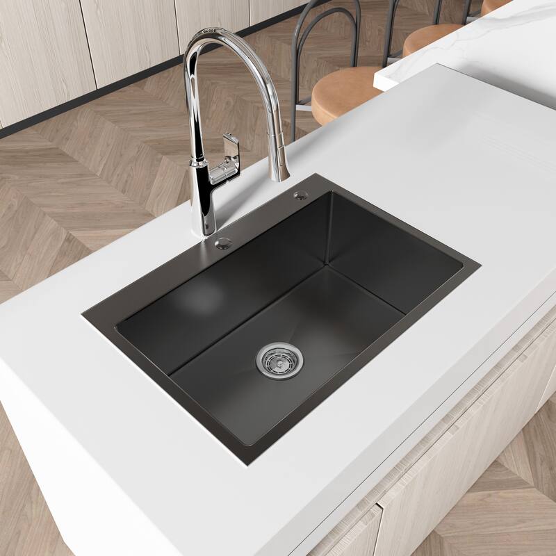 Modern Black 27 Inch Single Bowl Countertop Kitchen Sink 304 Stainless Steel Overmount with Lift and Turn Drain