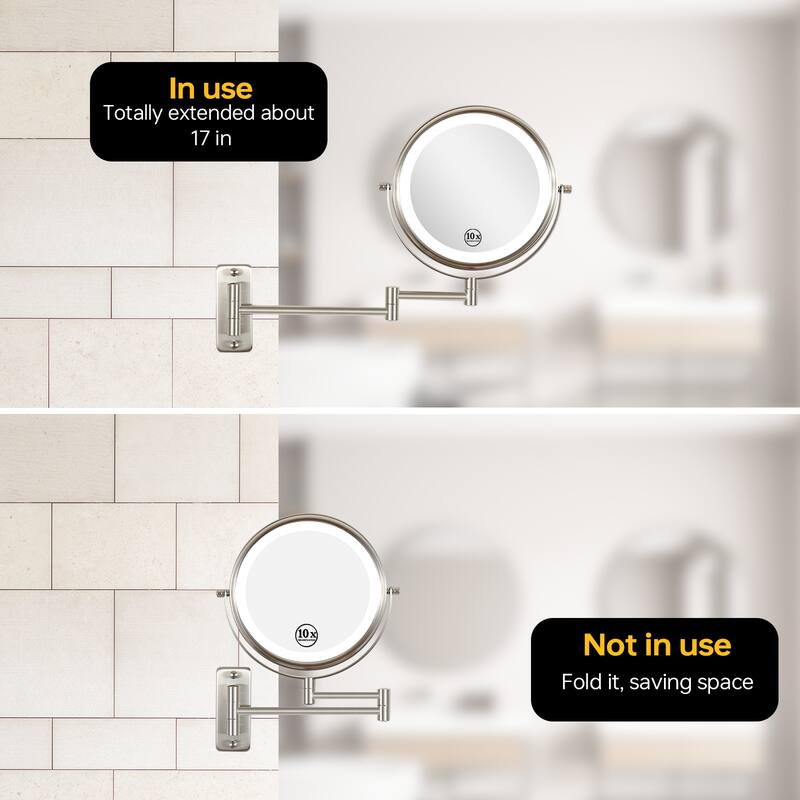 3 Color LED Light Wall Mounted Makeup Mirror, 1x/10x HD Magnifying Double-Sided Mirror, Extension Arm, Built-in Battery