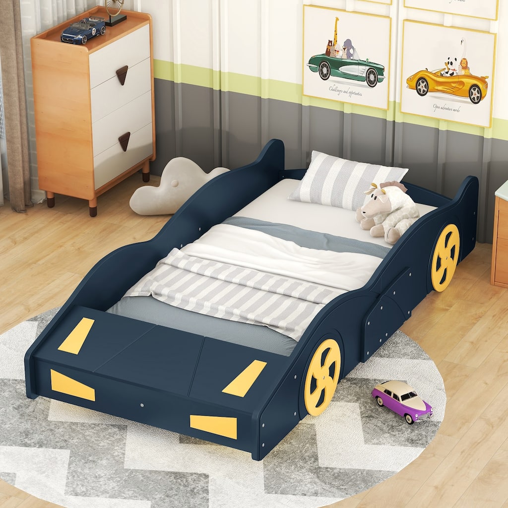 Twin Race Car Bed Floor Platform Bed Frame Aerodynamic Design with Storage Footboard and Wheels, Every kids Dream - Dark Blue