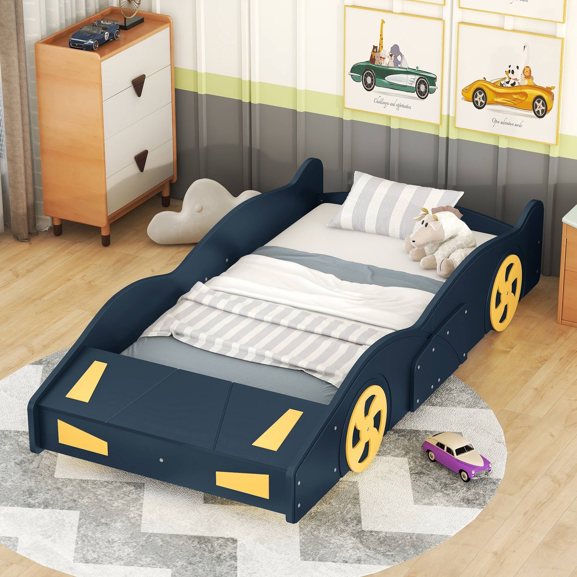 Twin Size Wood Bed Frame Race CarShaped Platform Bed with Wheels and