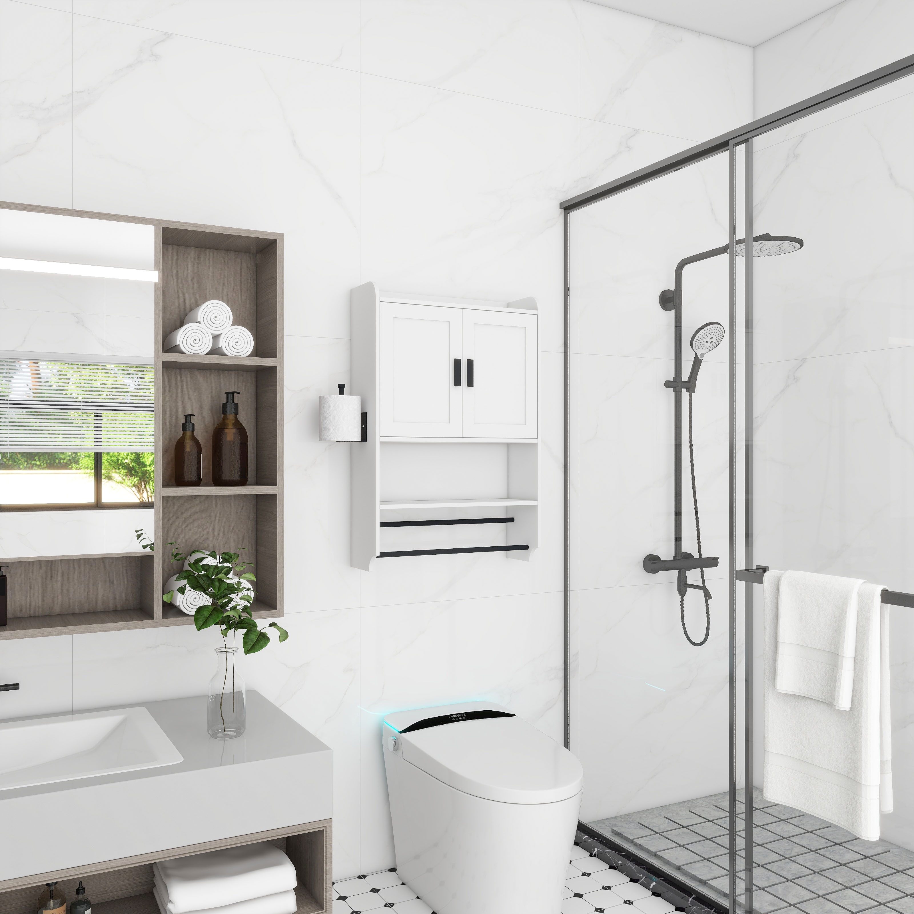 22 Over The Toilet Storage Cabinet Wood Bathroom Medicine Cabinet with Adjustable Shelf Towel Bar and Papear Holde Bed Bath Beyond 40166570