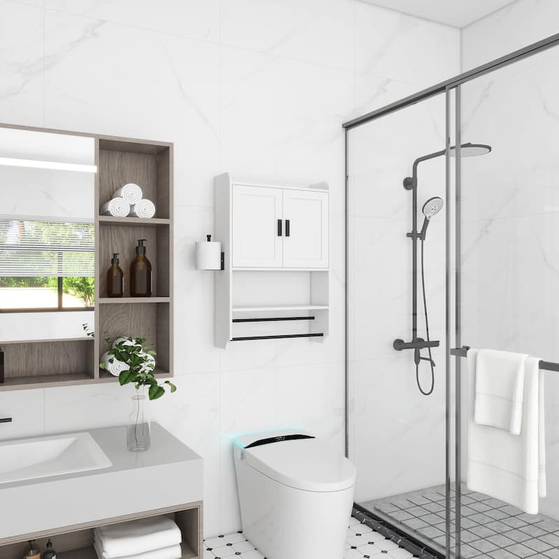 Bathroom Wall Cabinet with Doors,Adjustable Shelf,Towel Bar and Paper Holder,Over The Toilet Storage Cabinet,Medicine Cabinet - White