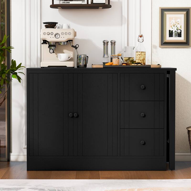 89.7" Wooden Sideboard with Extendable Table, 2 Doors & 3 Drawers Storage Cabinet for Living Room, Study, Kitchen