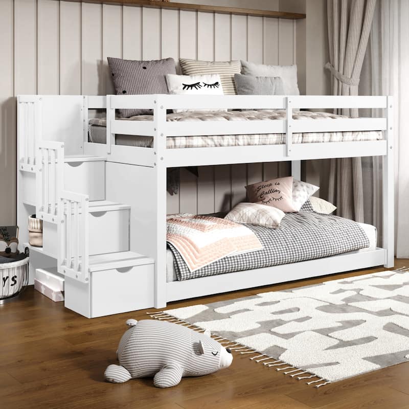 Taylor & Olive Trillium Twin Low Loft Bed with a Twin Under Bed - White - Loft Bed + Stairs