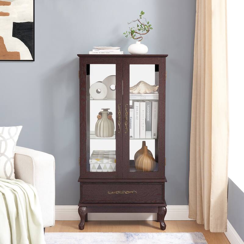 Curio Cabinet Lighted Glass Cabinet Glass Wine Cabinet Curio Display Cabinet with Adjustable Glass Shelves 2 Doors and 1 drawer