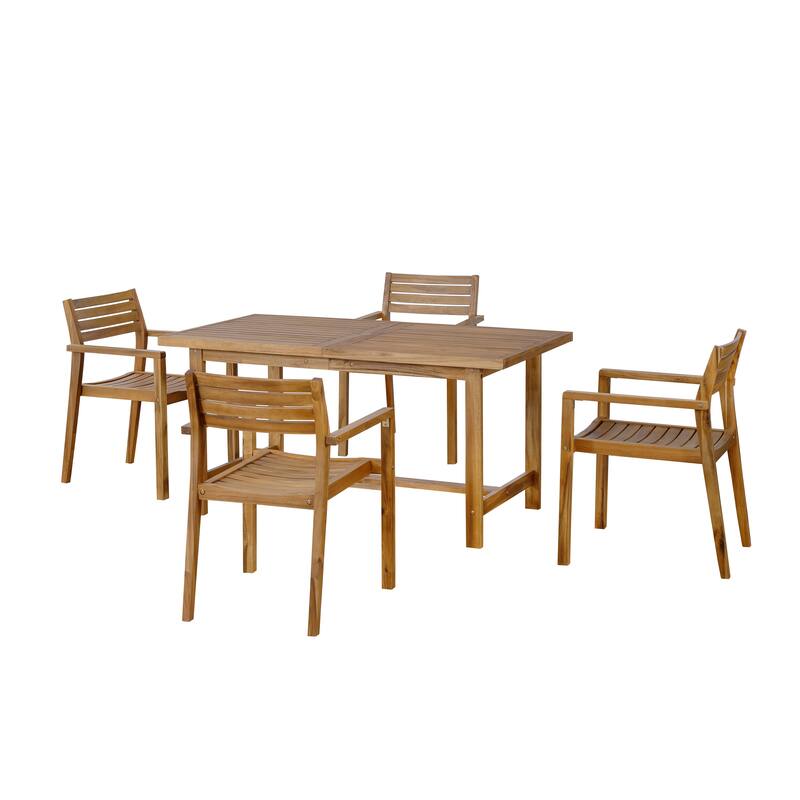 5-Piece Outdoor Acacia Wood Dining Set with Rectangular Table and Umbrella Hole for Family Gatherings