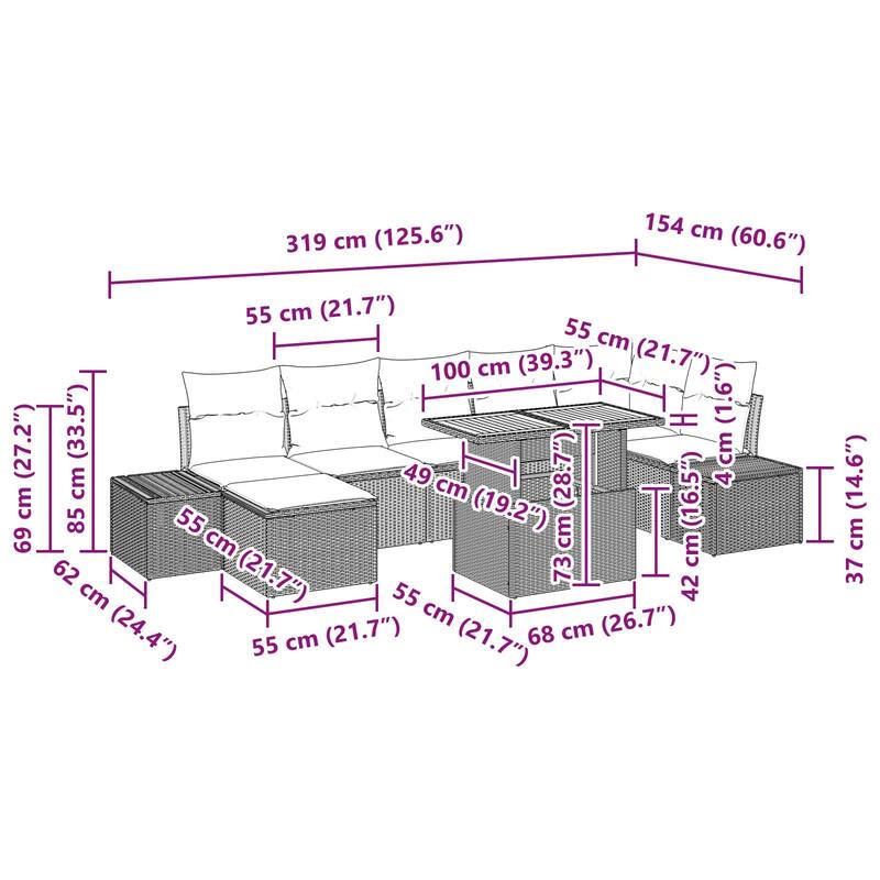 vidaXL 8 Garden Sofa Set with Cushions Black/Grey Poly Rattan - 125.6 x 60.6 x 27.2