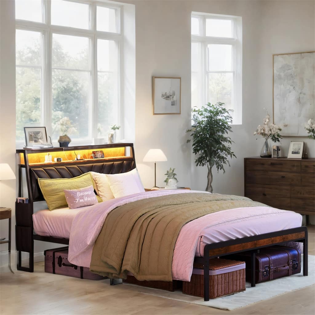 Full Size LED Platform Bed with Storage Headboard, Charging Station