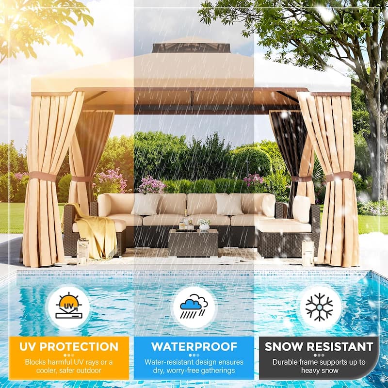 10 x 10 FT Outdoor Patio Gazebo Vented Soft Canopy with Double Tier Roof, Netting and Curtains