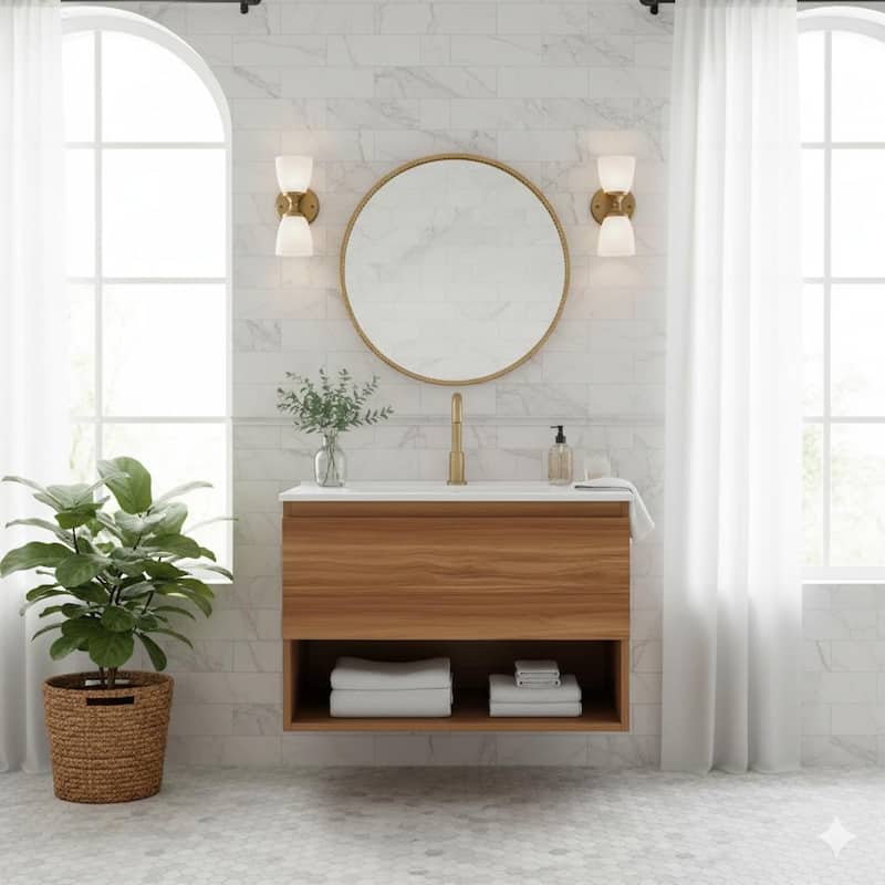 24 Inch Bathroom Vanity Cabinet With Ceramic Sink - Walnut Wall Mounted Floating Fluted Vanity With Drawers