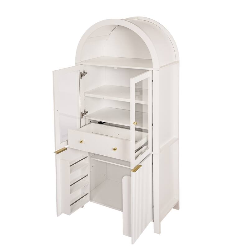 Fluted Arched Pantry Cabinet, Display Cabinet with Hidden Drawer & Glass Door, Storage Cabinet with Adjustable Shelves