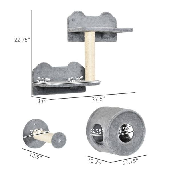 Cat Wall Shelves & Climbing Tower 5PC Set - Condo, Scratching Posts & Jumping Platforms - 27.5" L x 11" W x 22.75" H