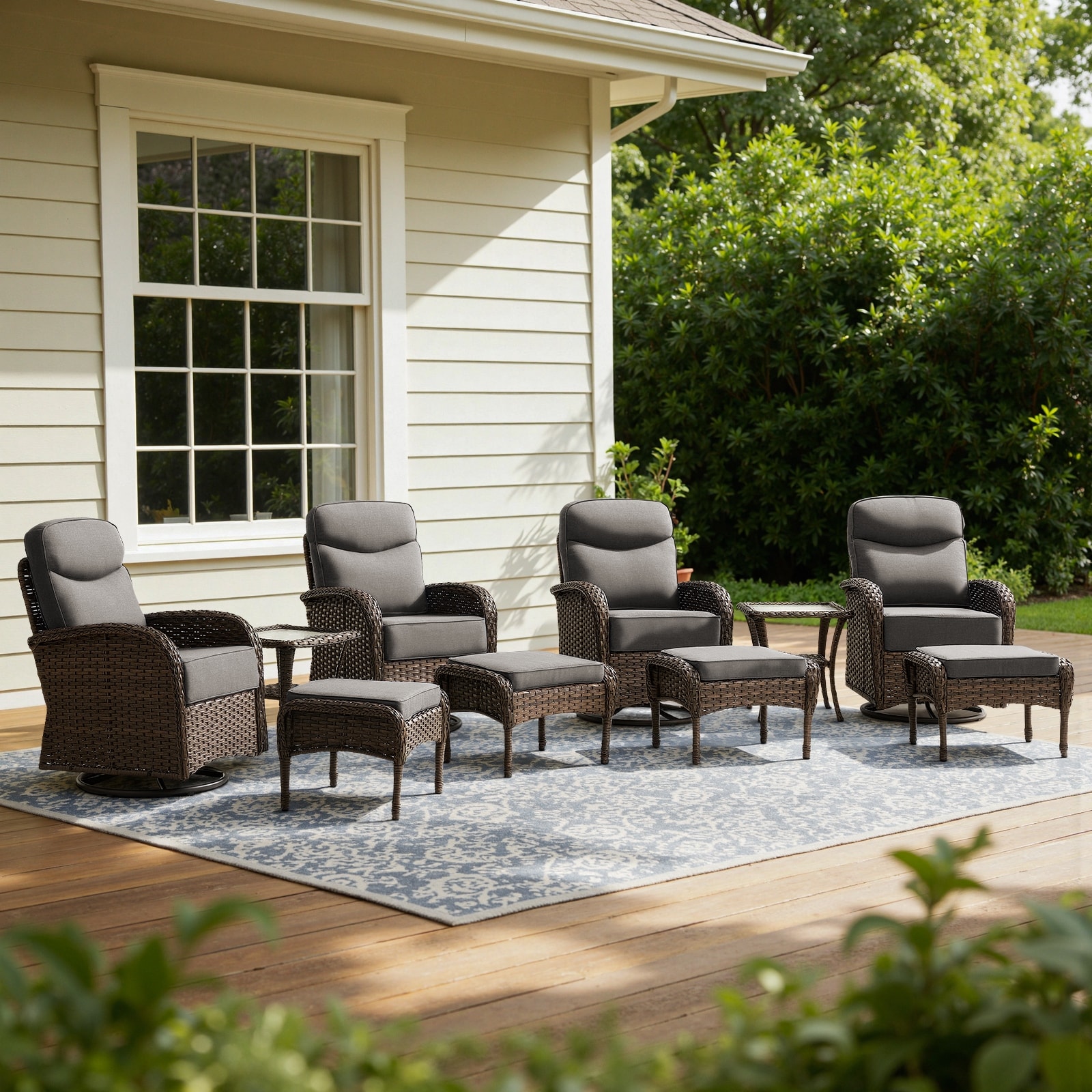 Gymojoy 8 - Person Outdoor Wicker Patio Set with 4 Swivel Glider Chairs, 2 Side Tables & 4 Ottomans, 6" Cushions
