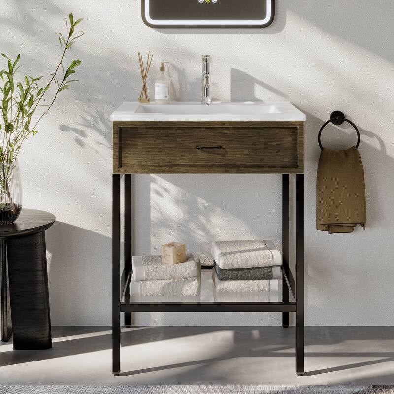 Ansel Freestanding Bathroom Vanity with Single Sink, One Glass Shelf, Metal Legs - 24 inch Black