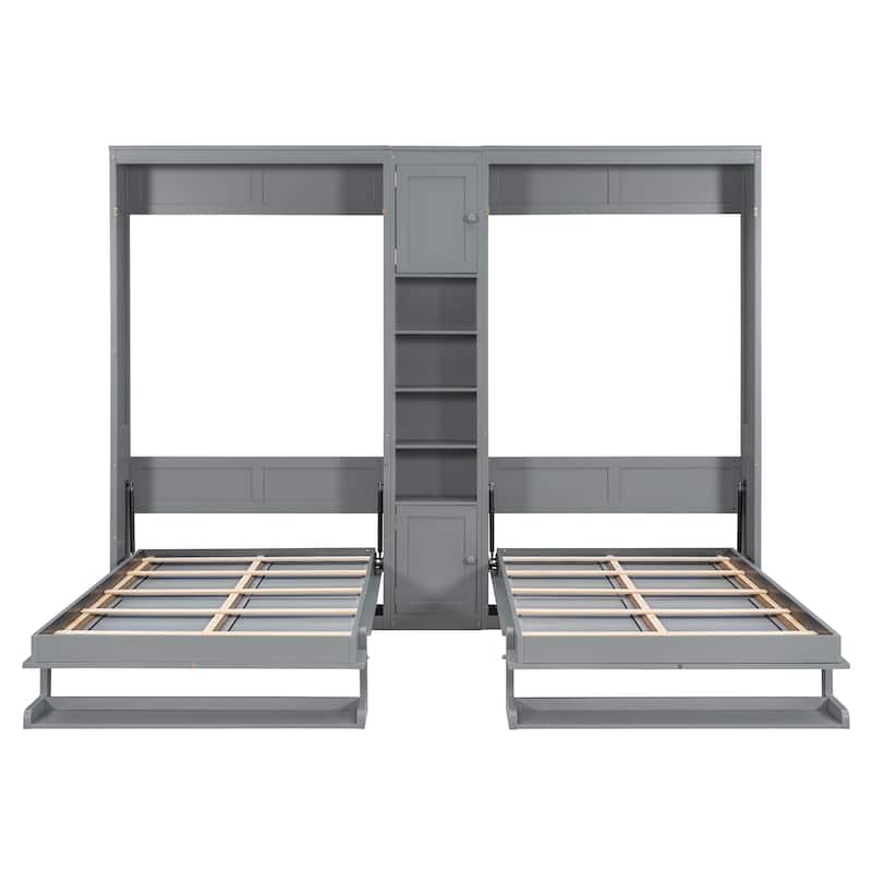 Roomfitters Twin Wall Murphy Bed System with Center Storage Shelves, Convertible Fold Down Sleeper Cabinet