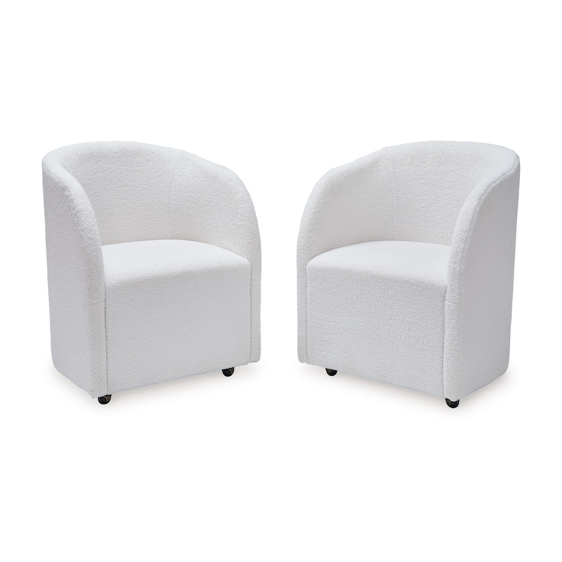 Robeck Dining Armchair Set of 2 with Wheels, Ivory Boucle Polyester