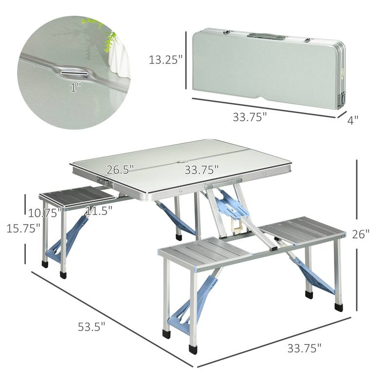 Outdoor Aluminum Suitcase Portable Folding Picnic Table with Bench & Umbrella Hole