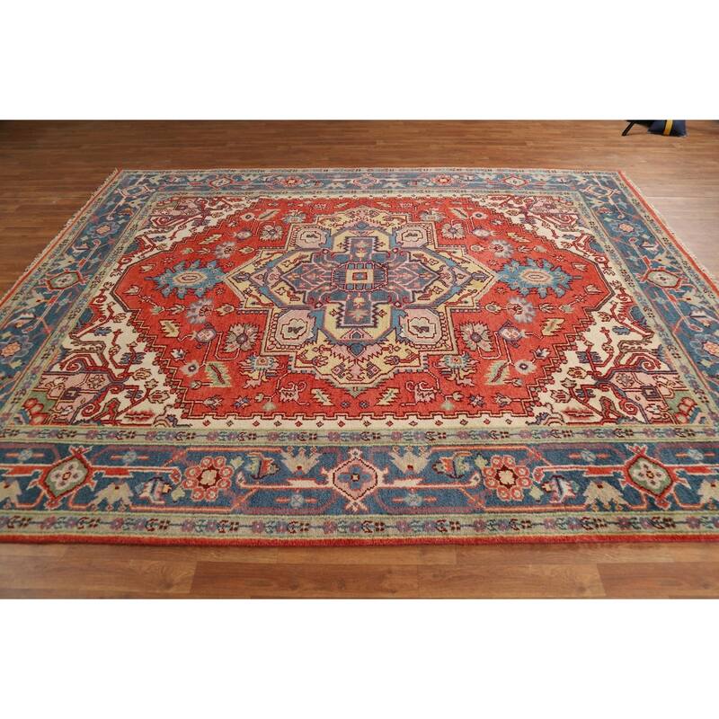 Geometric Heriz Serapi Indian Rug Hand-Knotted Orange Wool Carpet - 7'10"x 9'9"