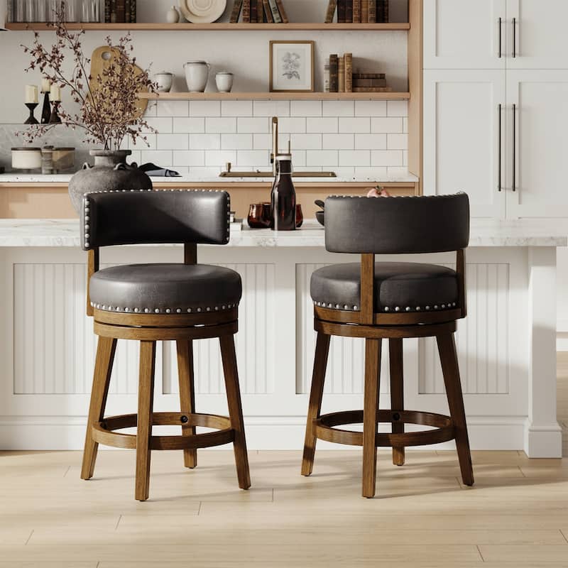 Modern Velvet Swivel Bar Stool - 25" or 30" Counter Height with Adjustable Footrest & Walnut Base, for Kitchen Islands - Set of 2 - Dark Brown - Counter Height
