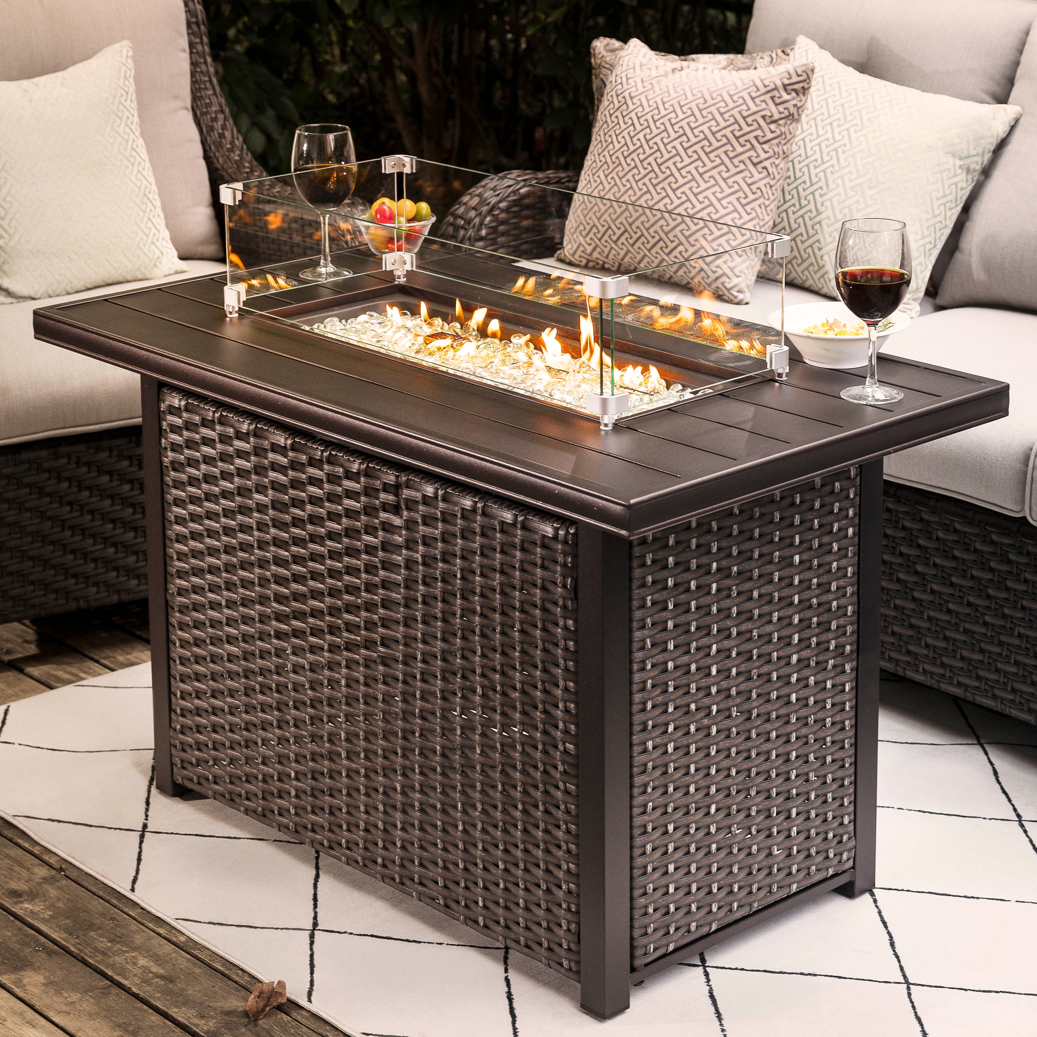 Nuu Garden Outdoor 43-inch 50,000 BTU Propane Gas Fire Pit Table, Aluminum Tabletop and PE Rattan Weaved Iron Frame