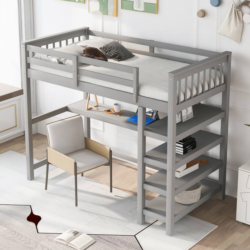 Full/Twin Loft Bed with Integrated Desk and Shelves, Space-Saving Wooden Frame, Durable Pine Wood and MDF, Guardrails Included