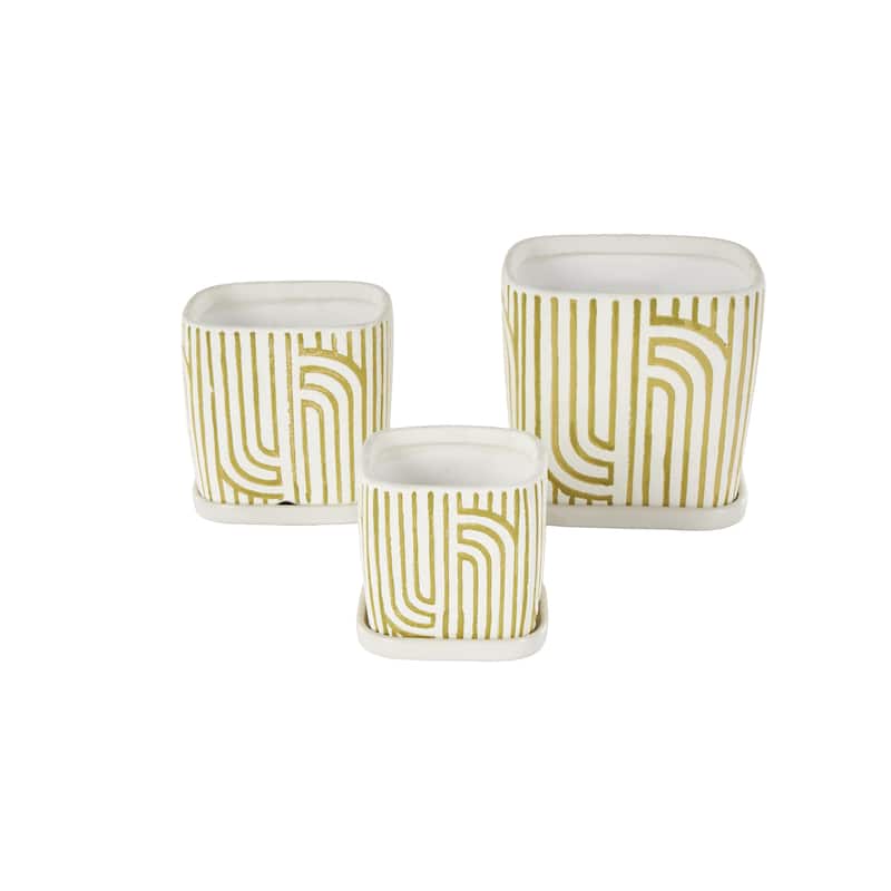 Ceramic Arched Patterned Indoor Outdoor Planter with Attached Saucer - Set of 3 Black, Green or Pink - Roche River Decor