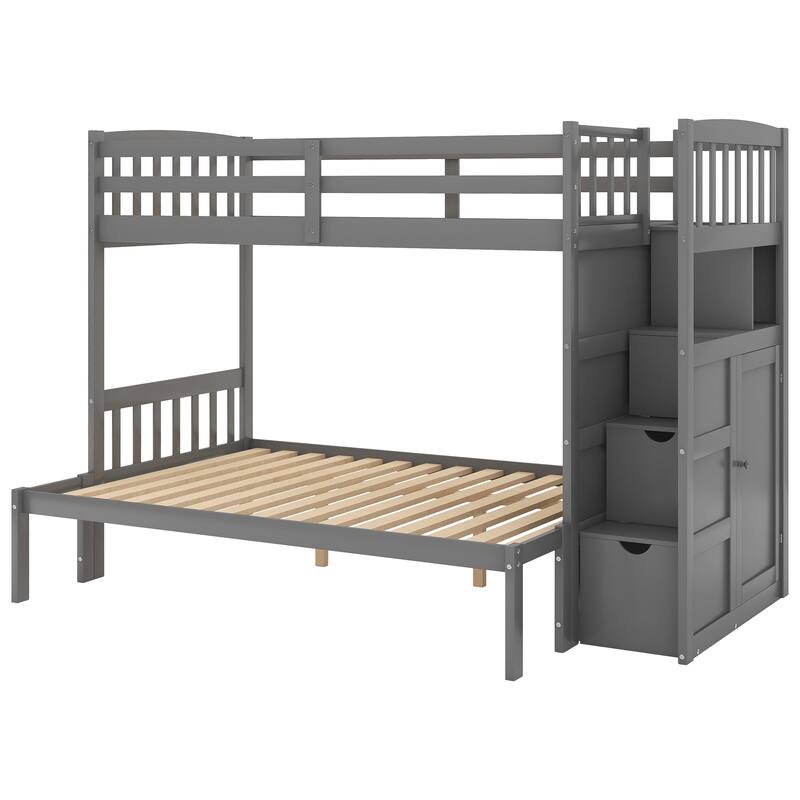 Convertible Twin over Full Bunk Bed with Storage Drawers and Shelves, Space-Saving Staircase Design, Gray