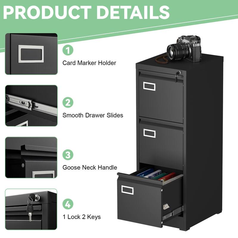 3 Drawer File Cabinet with Lock,Two Drawer Filing Cabinet,Vertical Metal File Cabinet for Home Office Organizer Storage Cabinet