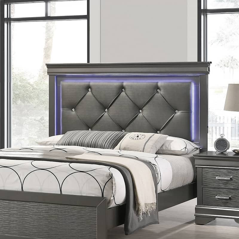 Queen Size Faux Leather Platform Bed with LED Tufted Headboard and Textured Footboard and Solid Wood Frame