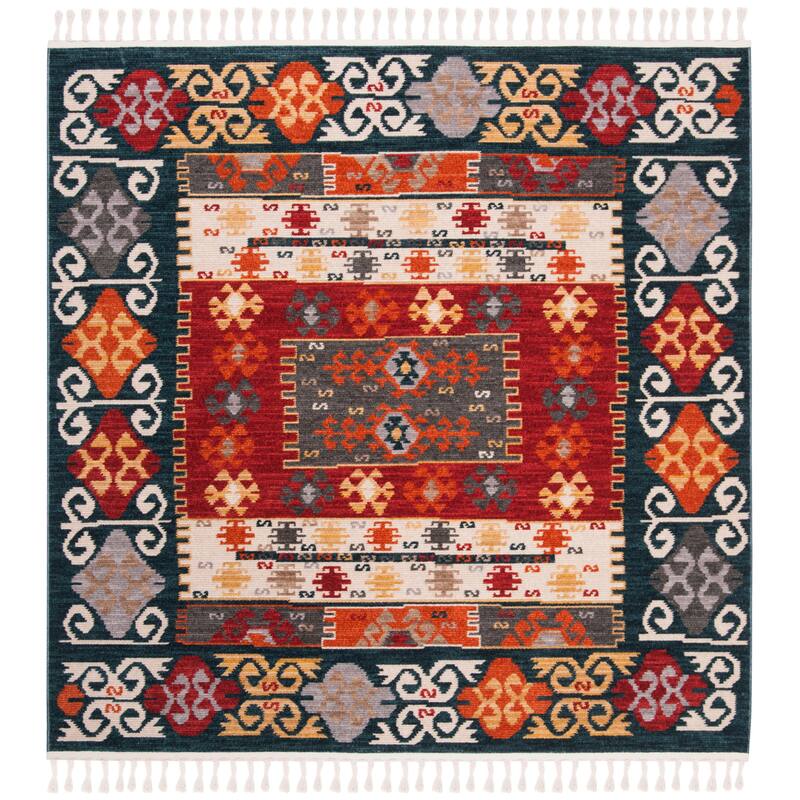 SAFAVIEH Farmhouse Bryndis Boho Tribal Polyester Rug - 6'3" Square - Cream/Navy