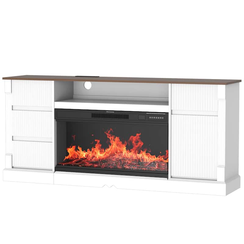 Modern TV Stand with Electric Fireplace for TVs up to 80" with LED Lights, Storage Cabinet & Drawers for Living Room