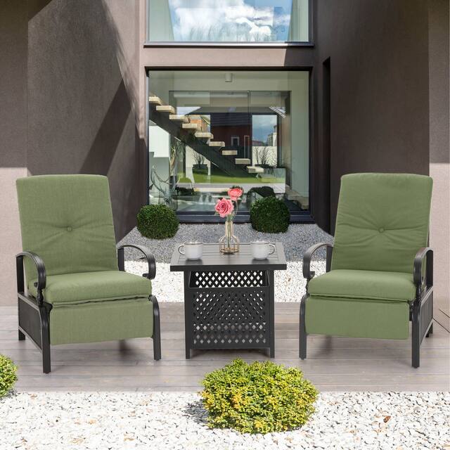 Outdoor Adjustable Cushioned Metal Patio Recliner Lounge Chair - Green + Table 1