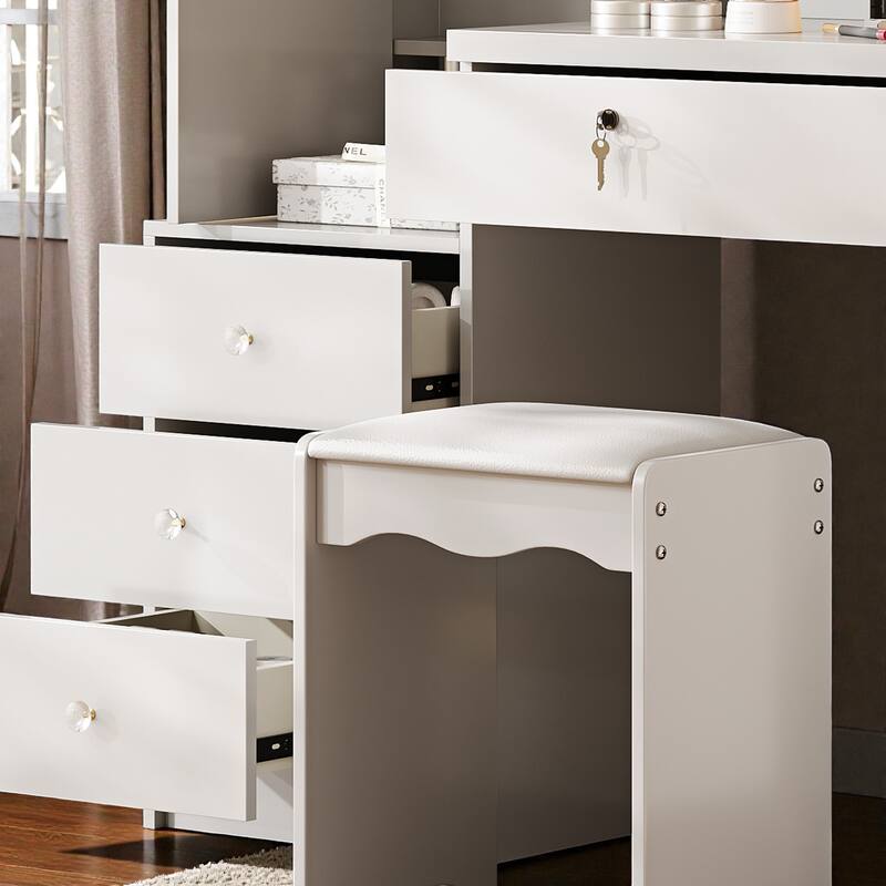 Vanity Desk with Sliding LED Mirror, Power Outlet, 4 Drawers, Hidden Storage & Stool, White Makeup Table for Bedroom