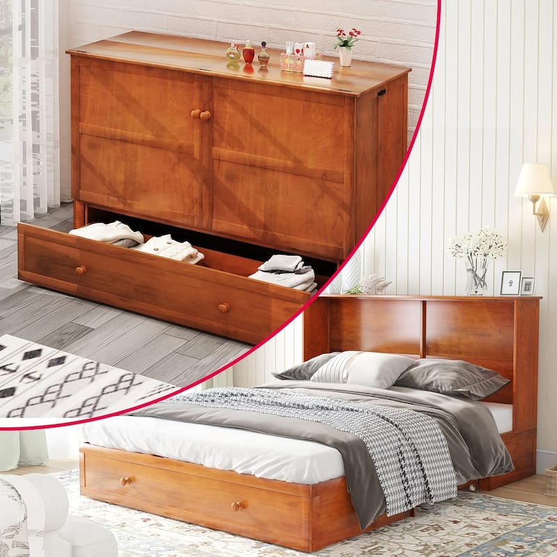 Mixoy Modern Murphy Bed with Mattress and USB Port,Storage Bed with Drawer