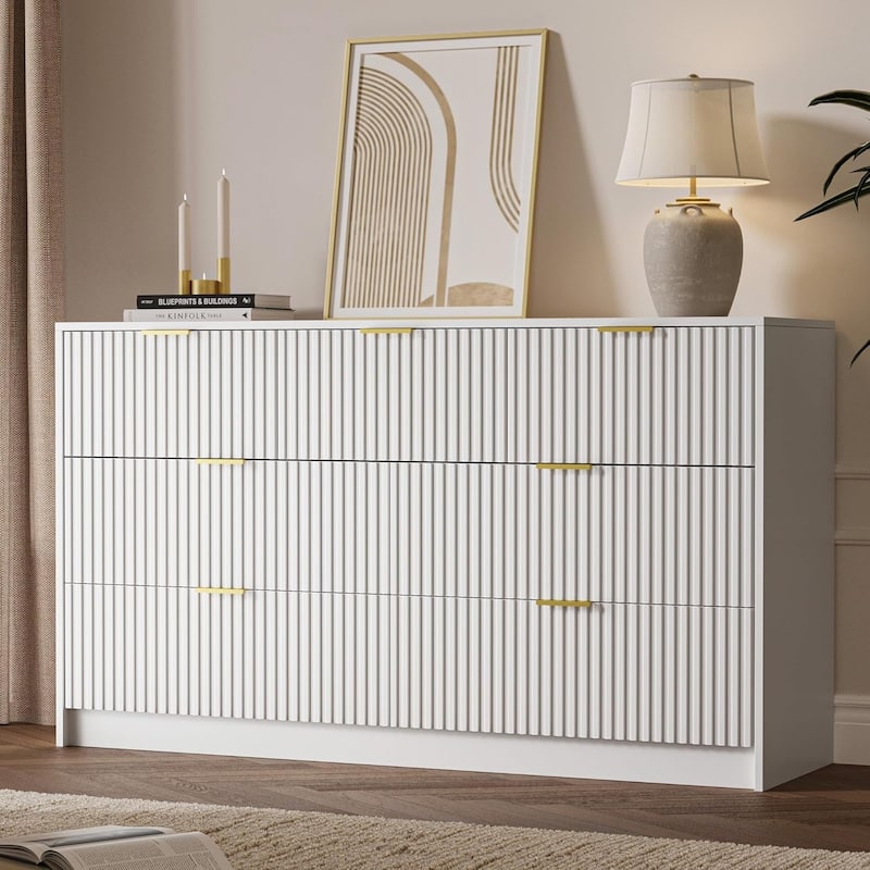 7 Drawer Dresser Fluted Wood Clothes Storage Cabinet, Modern Wide Dresser for Bedroom