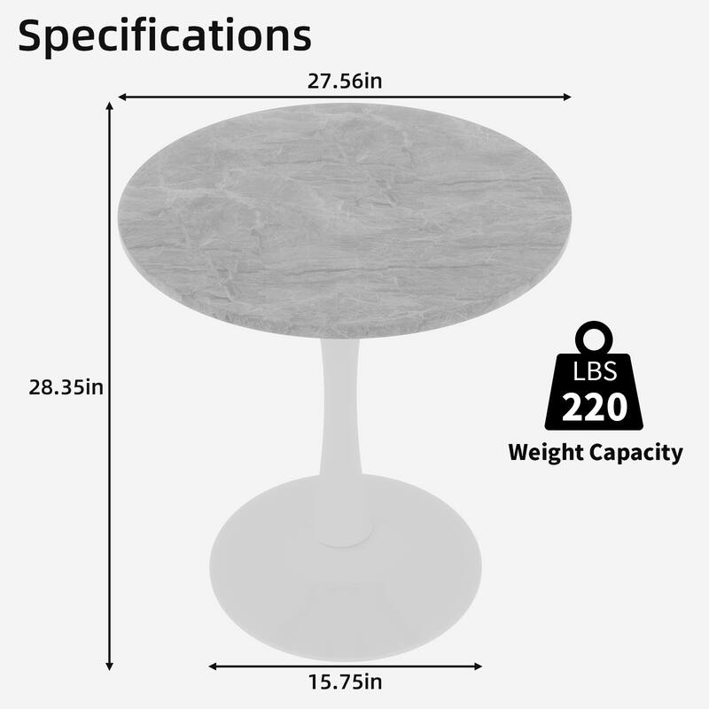 27.6" Mid-Century Modern Style Dining Table, Accommodates 2-4 People, Featuring A Round Light Gray Textured Marble Tabletop