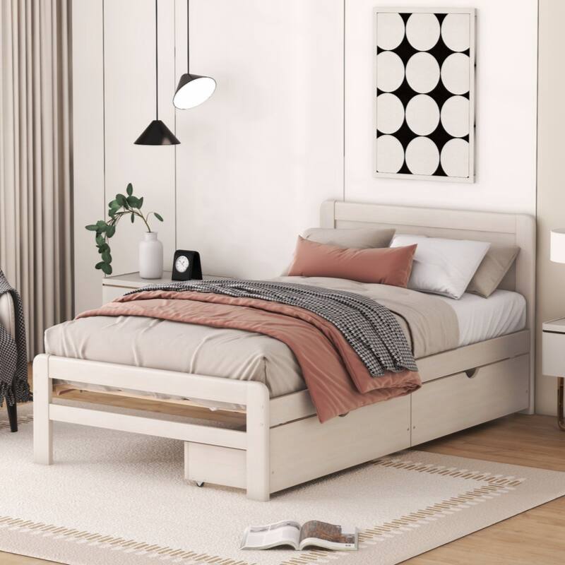 Modern Design Twin Size Platform Bed Frame with 2 Drawers - White Washed