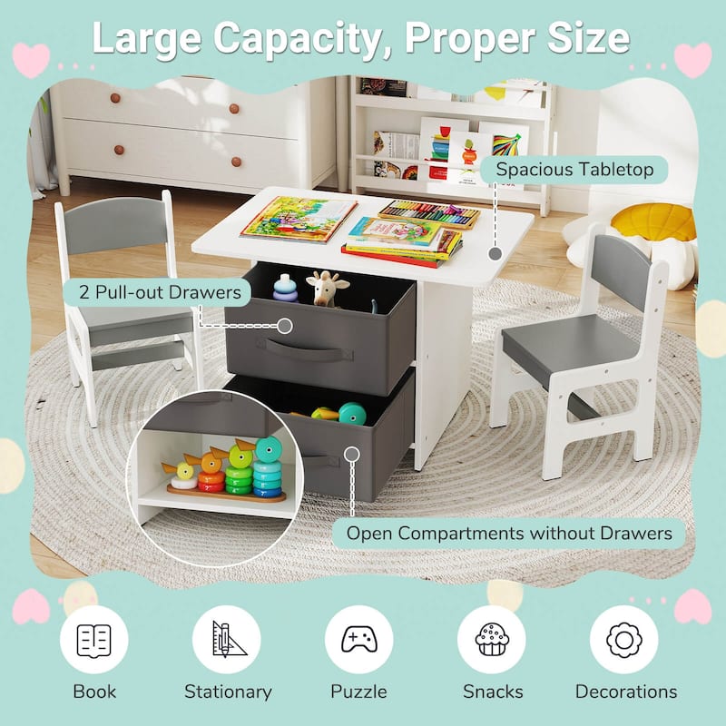 Babyjoy Kids Art Play Wood Table and 2 Chairs Set w/ Storage Baskets