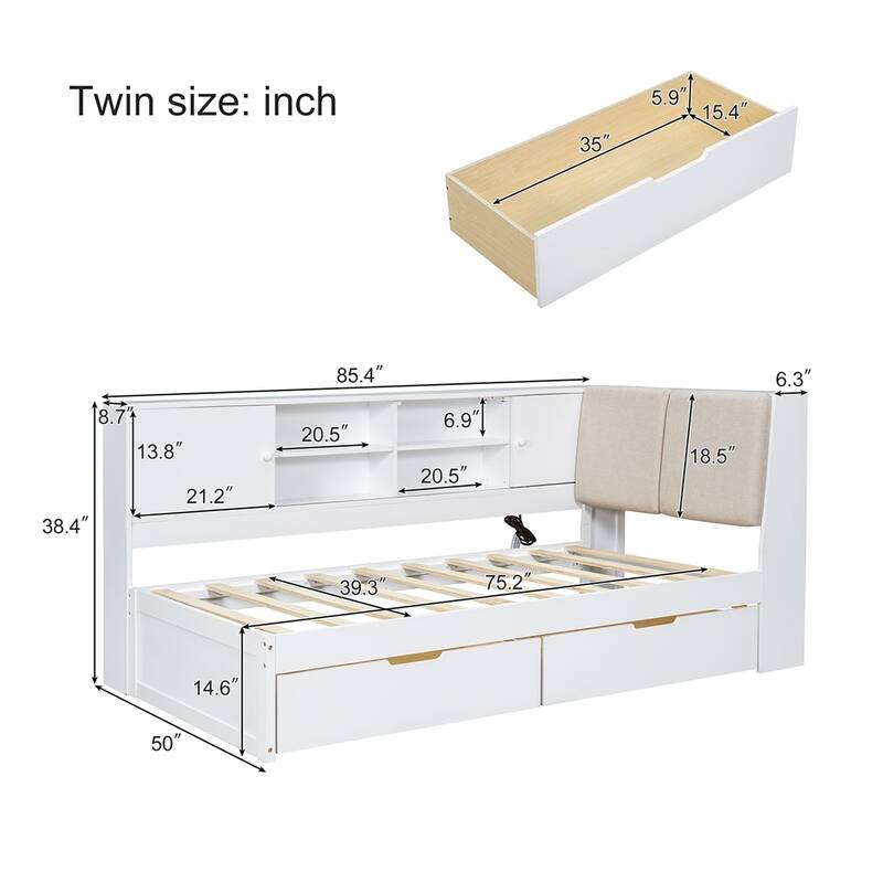 Wooden L-shaped Daybed Corner Bed with Storage Bookcase and USB Charging Ports